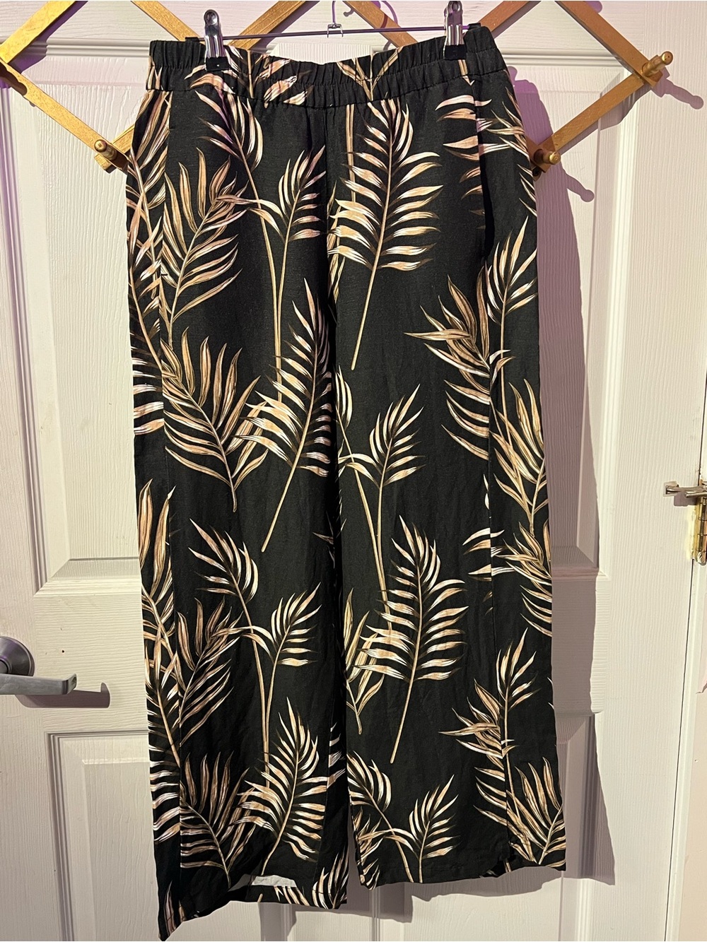 Renuar Linen blends Black Palm-Print Wide Leg Pants size XS
